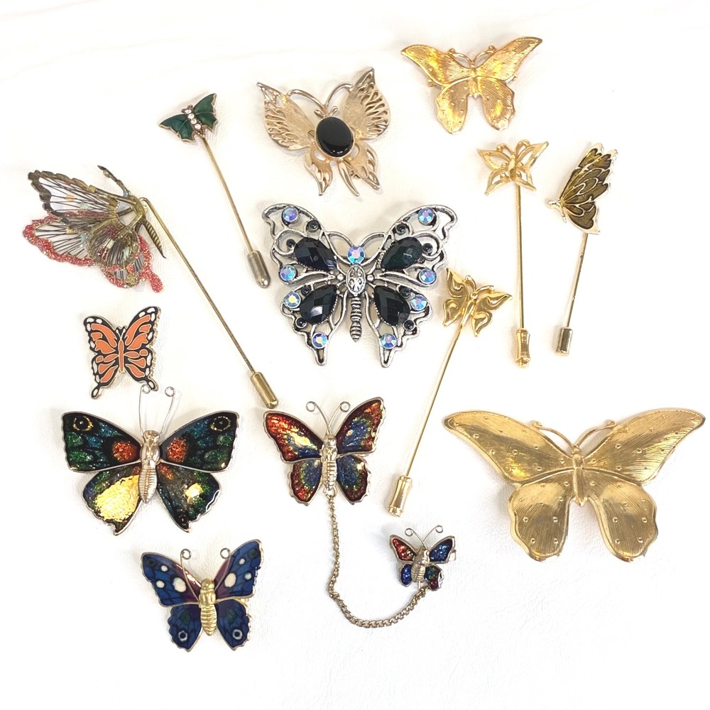 Vintage Butterfly Brooch Pin Lot Rhinestone Trifari 1928 Enamel 13pc Some Signed
